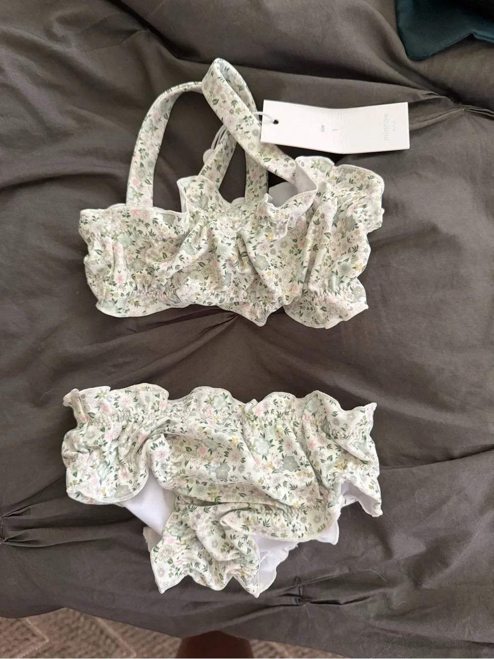 BRAND-NEW Girls Floral Ruffle Two-Piece Swim Set in Light Green